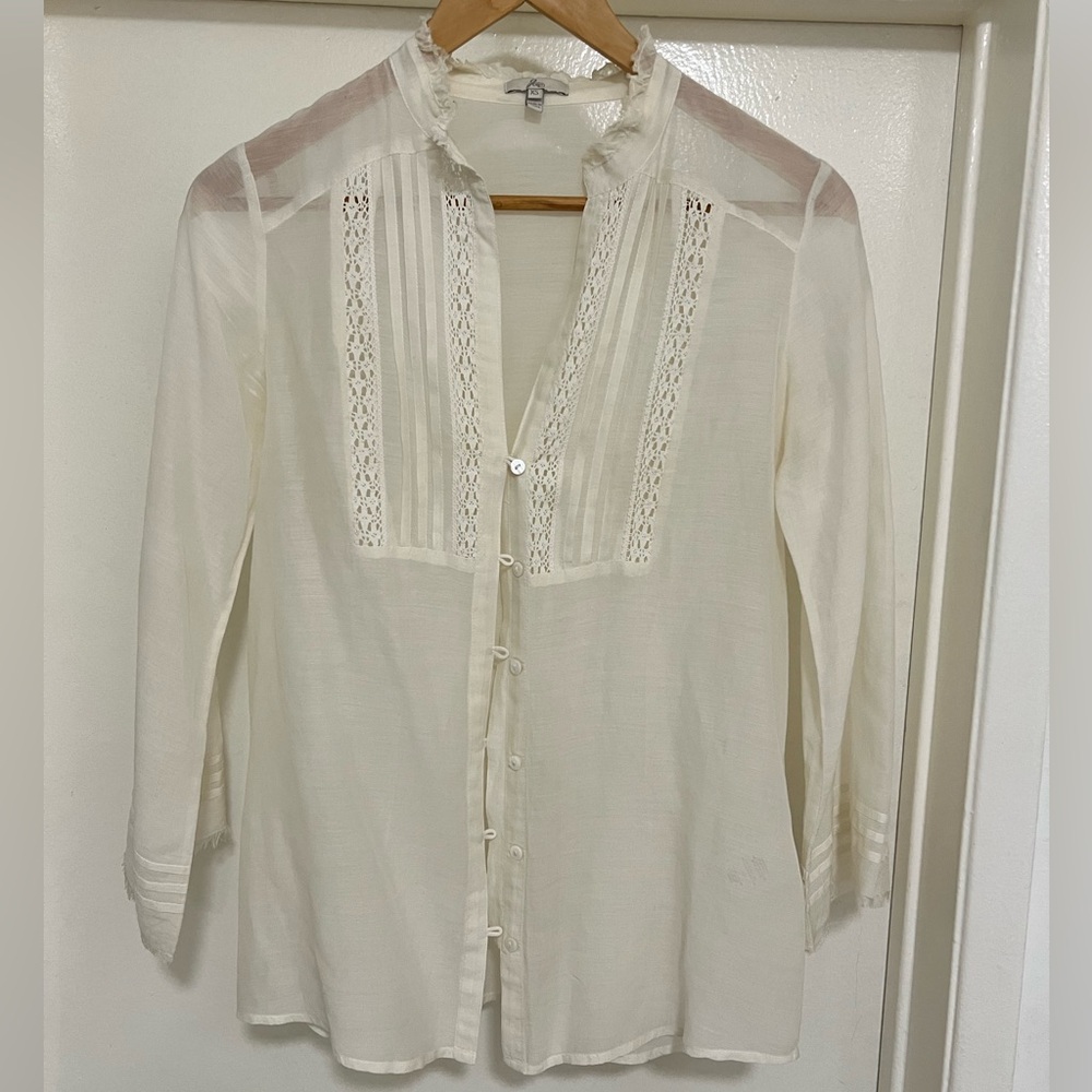 Joie Cream Bib Mandarin Collar Sheer Blouse